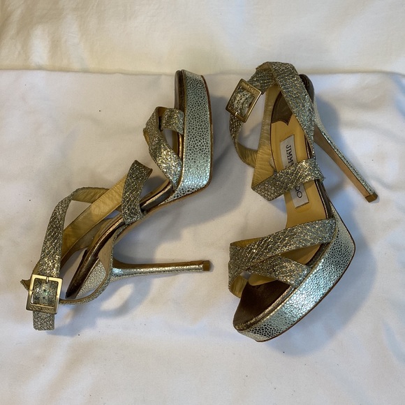 Jimmy Choo Silver Glitter Platform Stiletto Strappy Sandals - Picture 6 of 13